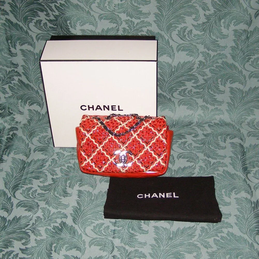 RARE Chanel Red Mini Patent Leather Woven Stitch Tweed Flap Bag